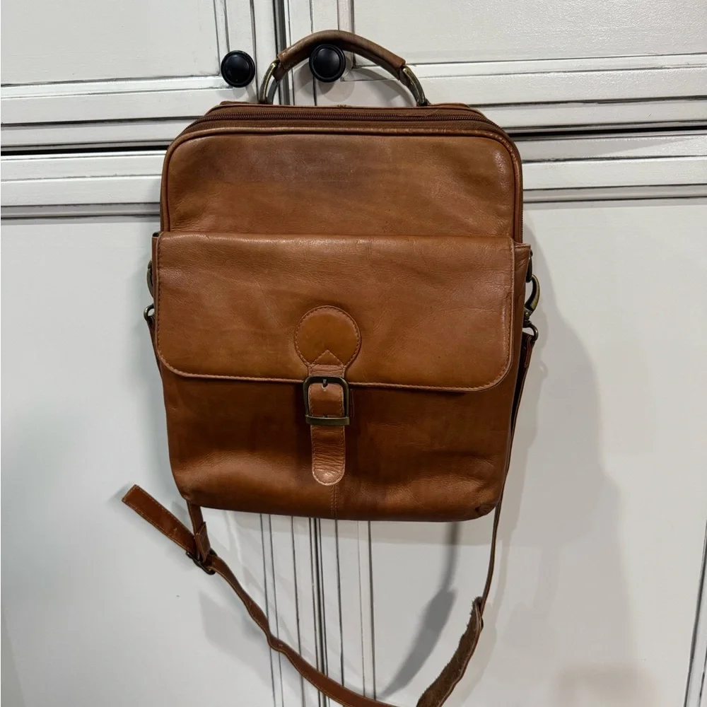 Vintage Piel Natural leather front pocket backpack chestnut smooth bag travel